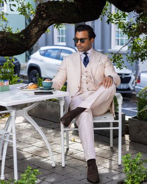 Beige Linen Three-Piece Suit with Blue Polka Dot Tie