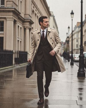 Beige Trench Coat with Brown Suit and Tie