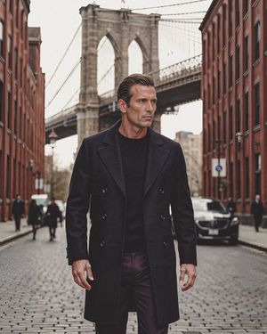 Black Double-Breasted Overcoat with Dark Trousers