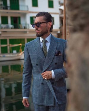 Blue Checked Double-Breasted Suit with Olive Green Tie