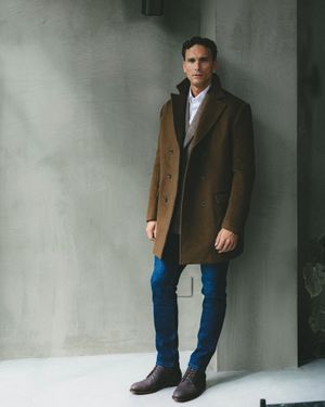 Brown Double-Breasted Overcoat with Blazer and Jeans