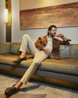 Brown Suede Overshirt with Beige Polo and Cream Trousers