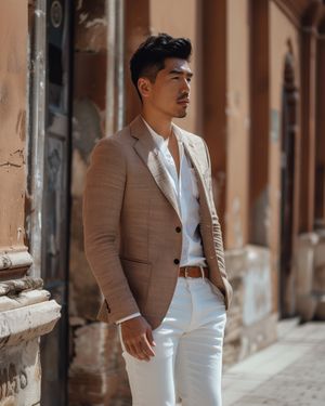 Dark Beige Blazer with White Pants