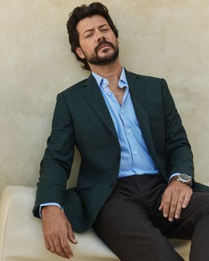 Forest Green Blazer with Light Blue Shirt and Brown Trousers