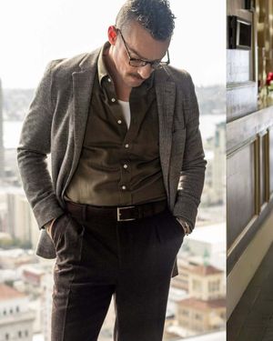 Gray Plaid Blazer with Olive Shirt and Dark Trousers