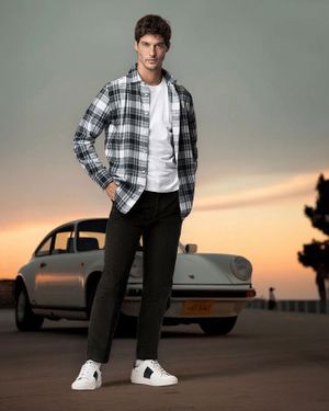 Gray Plaid Flannel Shirt with White T-Shirt