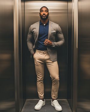 Grey Blazer with Navy Polo and Beige Chinos