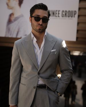 Light Grey Pinstriped Suit with White Shirt