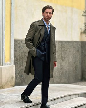 Olive Green Trench Coat with Pinstripe Suit
