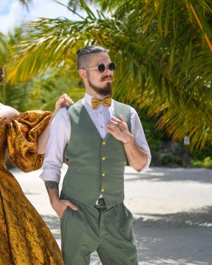 Sage Green Waistcoat with White Shirt and Mustard Bow Tie