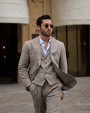 Taupe Three-Piece Suit with Light Blue Shirt
