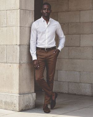 White Shirt with Brown Trousers and Loafers