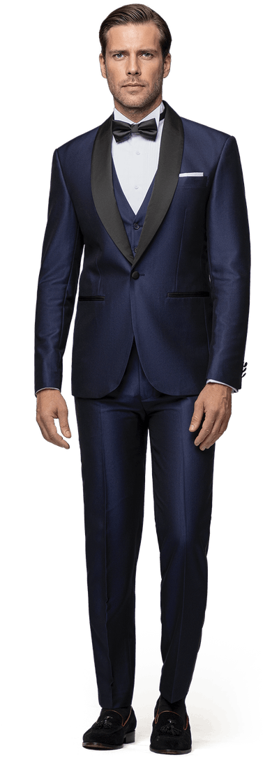 Navy blue essential shiny Tuxedo with black lapel