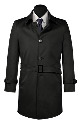 Black long single-breasted trench coat with belt