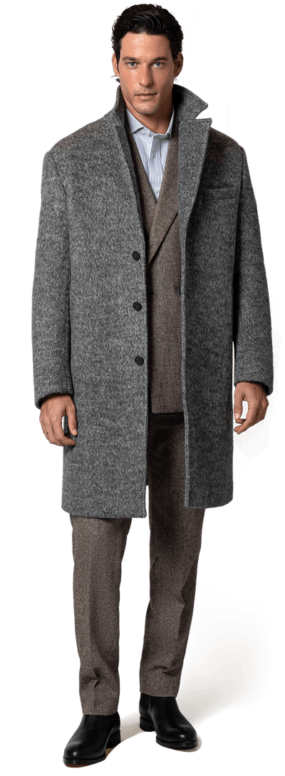 Wool Silk Angora Light Gray melange long Overcoat with wide lapels & contrasted buttonthreads